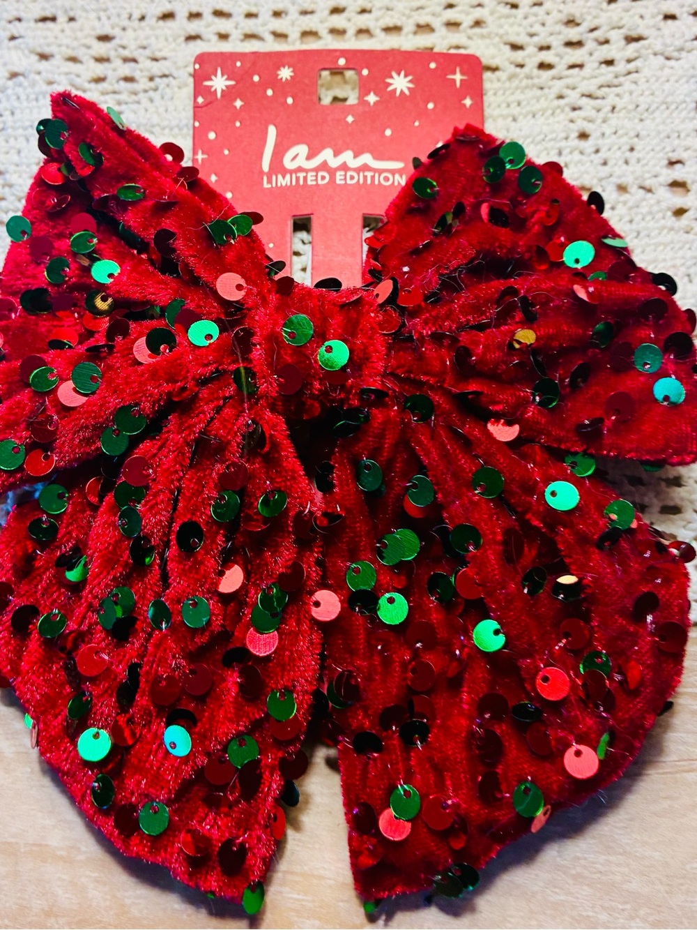 I AM Limited Edition Red Sequin Velvet Bow Hair Clip